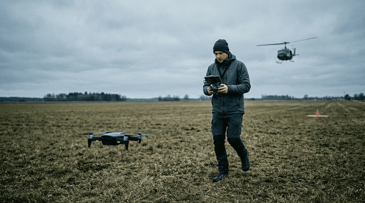 Drona pilots dod ceļu tuvojošam helikopteram, samazinot augstumu un nosēžoties drošā vietā