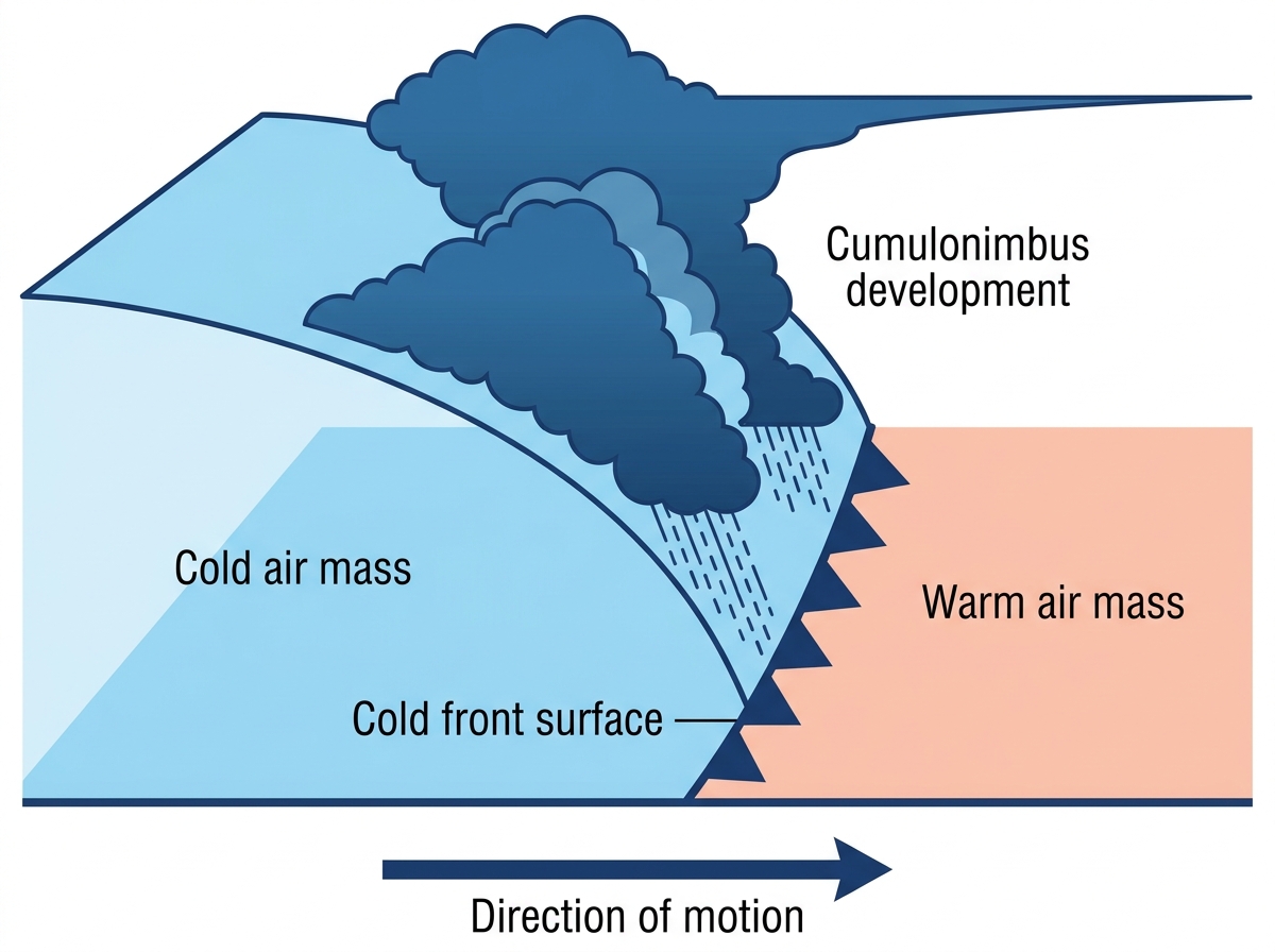 Aukstās frontes šķērsgriezuma diagramma: aukstā gaisa masa kā ķīlis paceļ silto gaisa masu, izveidojoties kumulonimba mākoņiem virs frontes virsmas. Apakšā zilā līnija ar trijstūriem norāda frontes kustības virzienu.